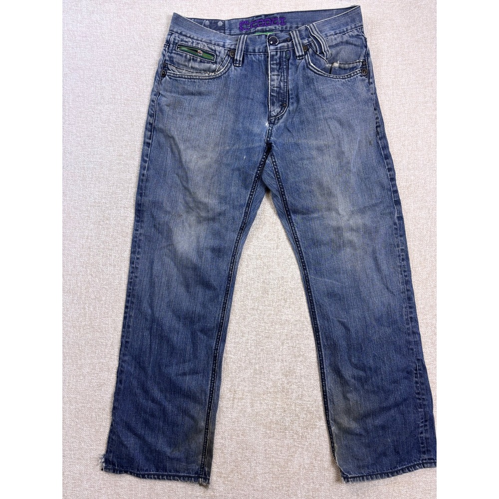 Coogi Mens Y2K Baggy Straight Leg Jeans Blue Embroidered Green Zip 34x34